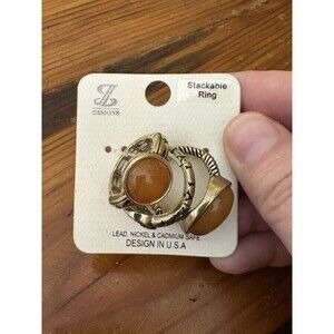 JL Designs New Amber Faux Carnelian Rings Set Gold Tone Stretchy USA Lead Free